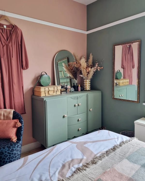 Eclectic Mirror Setup Bedroom with Different Wall Paints on Adjacent Walls and Wall Mirrors Reflecting Each Other